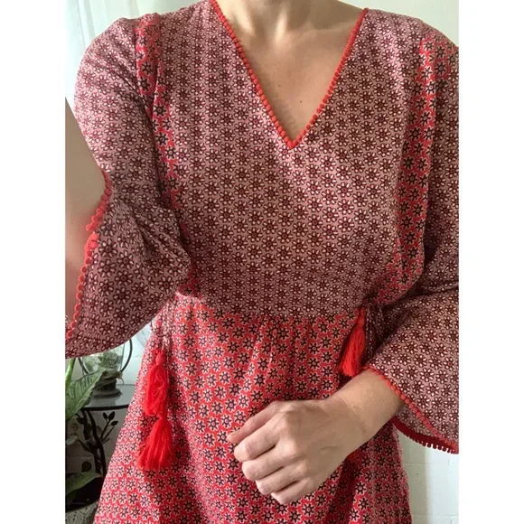 Boden Red Floral Print Tunic Dress Tassel Pom Pom - Picture 4 of 13